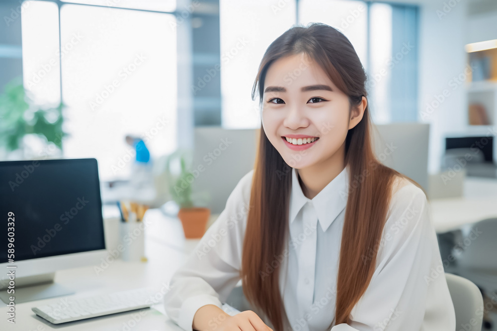 Office Working Girl, Pretty and Cute Asian Smile is sitting in front of Laptop Computer in Office Environment Background created with generative AI. Office Working Girl, Pretty and Cute Asian Smile is sitting in front of Laptop Computer in Office Environment Background created with generative AI.