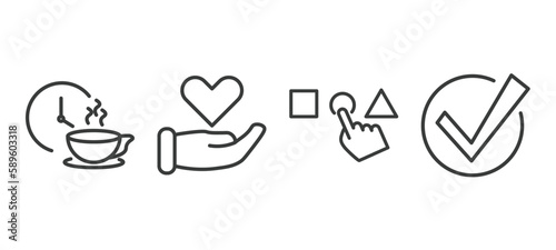 set of startup and strategy thin line icons. startup and strategy outline icons included coffee break, care, choose, accept vector.