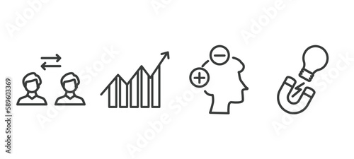 set of startup and strategy thin line icons. startup and strategy outline icons included exchanging, increase, attitude, idea magnet vector.