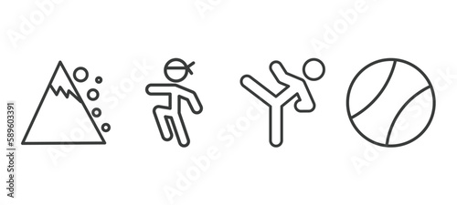 set of sport and game thin line icons. sport and game outline icons included snow slide zone, wushu, taekwondo, tennis sport ball vector.