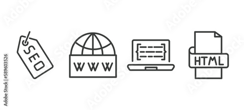 set of information technology thin line icons. information technology outline icons included seo tags, web domain, code listing, html vector.