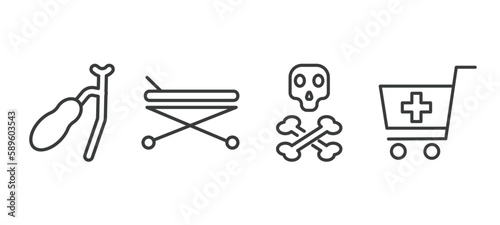 set of medical and healthcare thin line icons. medical and healthcare outline icons included gallbladder, hospital bed side view, dead, phary shopping cart vector.