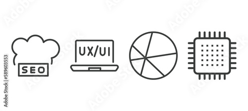 set of information technology thin line icons. information technology outline icons included seo cloud, ux de, theme, microchip vector.
