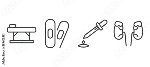 set of medical and healthcare thin line icons. medical and healthcare outline icons included table of treatments, bandage cross, dosage medical tool, adrenal gland vector.