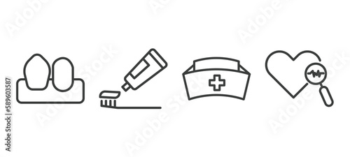set of medical and healthcare thin line icons. medical and healthcare outline icons included canine, brush with tooth paste, nurse cross, medical heart scan vector.