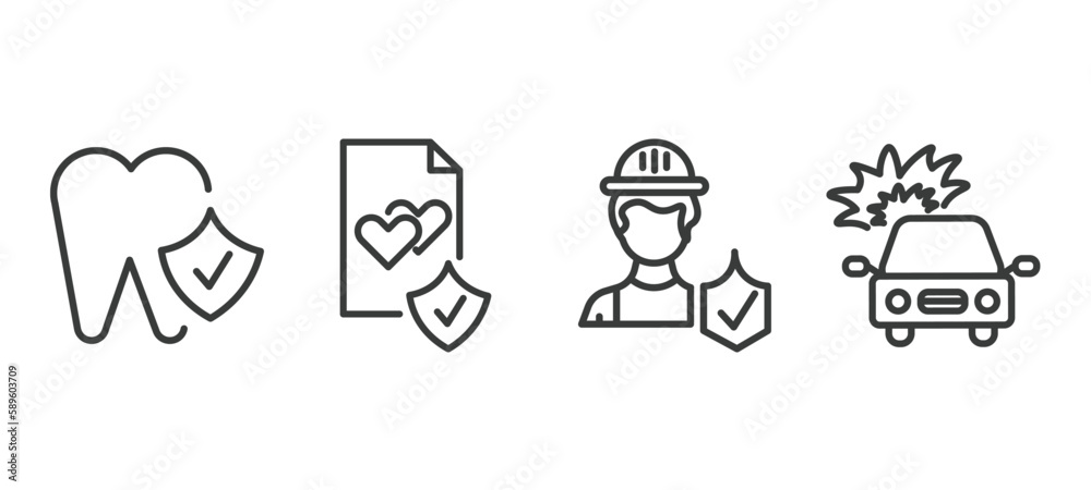 set of insurance and coverage thin line icons. insurance and coverage outline icons included dental insurance, marriage contract, construction risk, burning car vector.