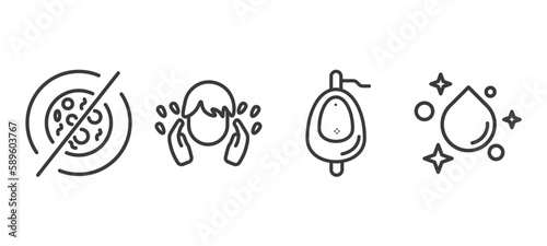 set of hygiene and sanitation thin line icons. hygiene and sanitation outline icons included antibacterial, face washer, urinal, purity vector.