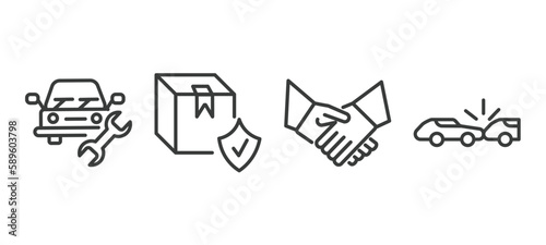set of insurance and coverage thin line icons. insurance and coverage outline icons included vehicle repair, cargo insurance, shake hands, rear end collision vector.
