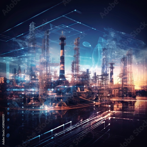 illustration Oil and Gas plant with shipping loading dock at twilight.Processing Oil Product Building of Chemical Petroleum Factory  Heavy Industrial Sector. Generative Ai 