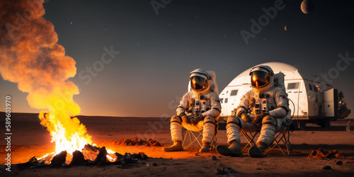 Two astronauts have a sincere conversation in the evening around a campfire near a tent on the moon. Expedition to unknown space. Lifestyle and journey concept. created with ai