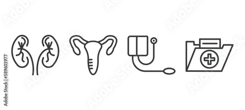 set of health and medical thin line icons. health and medical outline icons included urology, gynecology, blood pressure gauge, medical file vector.