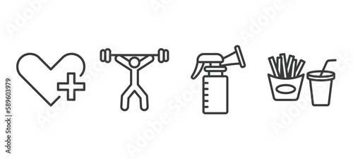 set of health and medical thin line icons. health and medical outline icons included health care, weightlifting, breast pump, fast food vector.