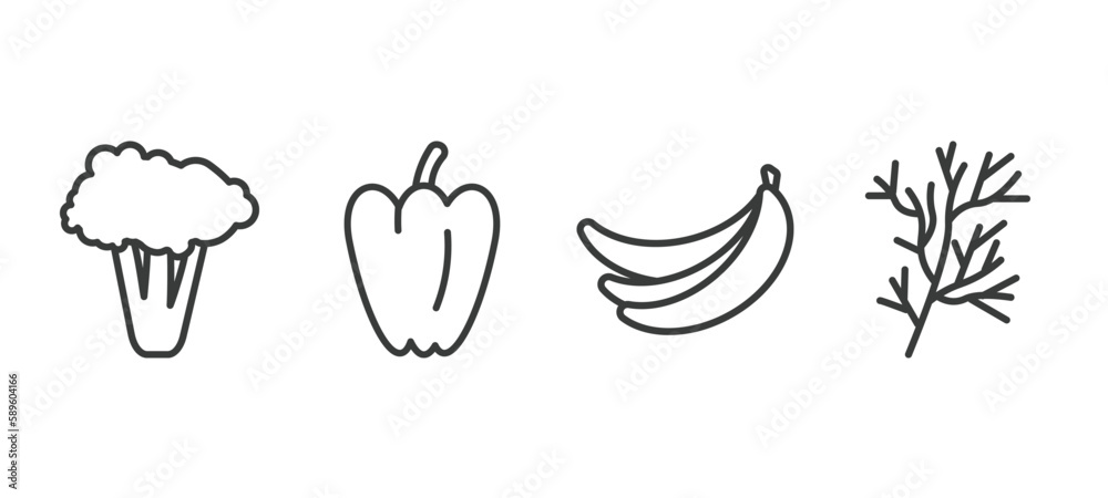 set of vegetables and fruits thin line icons. vegetables and fruits outline icons included broccoli, paprika, banana, dill vector. set of vegetables and fruits thin line icons. vegetables and fruits outline icons included broccoli, paprika, banana, dill vector.