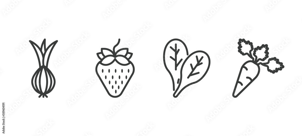 set of vegetables and fruits thin line icons. vegetables and fruits outline icons included onion, strawberry, spinach, carrot vector.