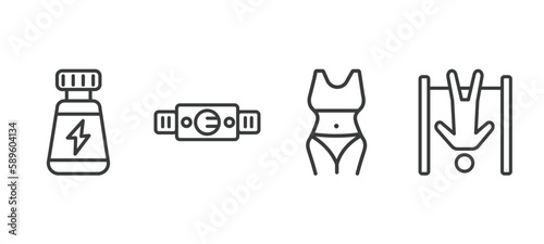 set of fitness and gym thin line icons. fitness and gym outline icons included phytonutrients, fitness belt, body, exercise hang bar vector.