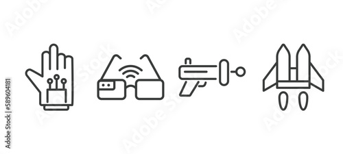 set of automation and high thin line icons. automation and high outline icons included wired gloves, smart glasses, blaster, jetpack vector.