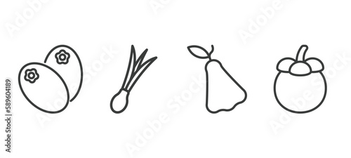 set of vegetables and fruits thin line icons. vegetables and fruits outline icons included breast milk fruit, spring onion, rose, mangosteen vector.