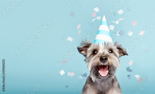 Cute happy dog celebrating at a birthday party