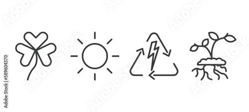 set of ecology thin line icons. ecology outline icons included shamrock, sunlight, renewable energy, growing plant vector.