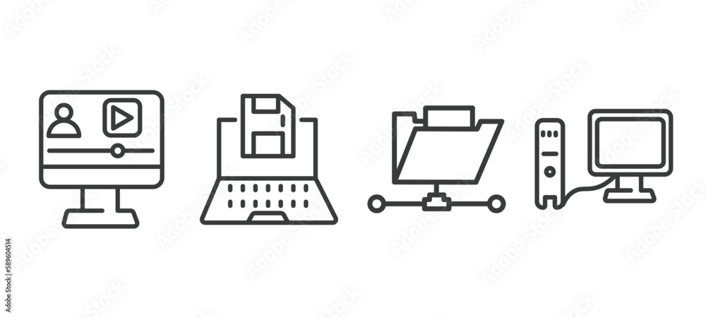 set of computer and tech thin line icons. computer and tech outline icons included video lecture, save file, connected folder data, work station vector.