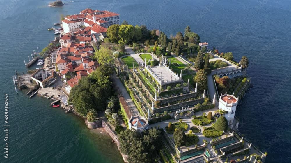 Italy - Drone aerial  view of Isola Madre, Isola Bella e Isola dei Pescatori,  the three Borromeo Islands in Stresa Arona Lake Maggiore - Amazing garden and palace - tourist attraction destination 