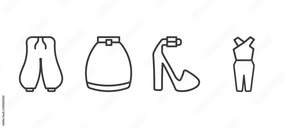 set of clothes and outfit thin line icons. clothes and outfit outline icons included harem pants, circle skirt, platform sandals, jumpsuit vector. set of clothes and outfit thin line icons. clothes and outfit outline icons included harem pants, circle skirt, platform sandals, jumpsuit vector.