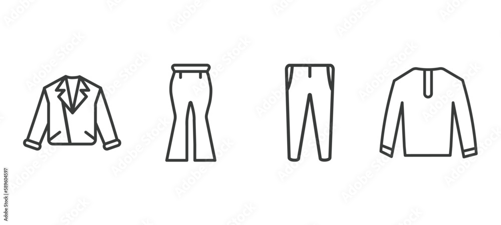 set of clothes and outfit thin line icons. clothes and outfit outline icons included leather biker jacket, flare pants, slim fit pants, nylon jacket vector.