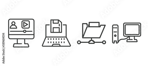 set of computer and tech thin line icons. computer and tech outline icons included video lecture, save file, connected folder data, work station vector.