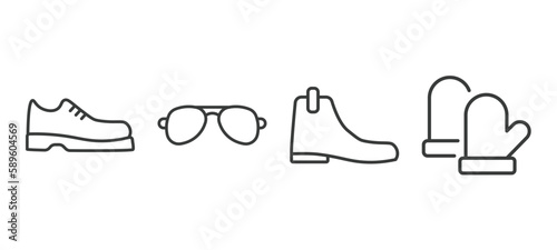 set of clothes and outfit thin line icons. clothes and outfit outline icons included leather derby shoe, pilot sunglasses, leather chelsea boots, wool gloves vector.