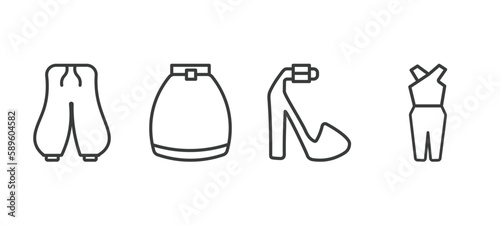 set of clothes and outfit thin line icons. clothes and outfit outline icons included harem pants, circle skirt, platform sandals, jumpsuit vector.