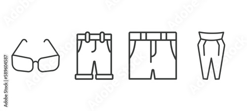 set of clothes and outfit thin line icons. clothes and outfit outline icons included cat eye glasses, chino shorts, denim shorts, pegged pants vector.