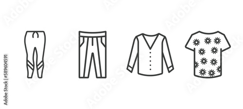 set of clothes and outfit thin line icons. clothes and outfit outline icons included leggins, oxford wave suit pants, cotton cardigan, t shirt with de vector.