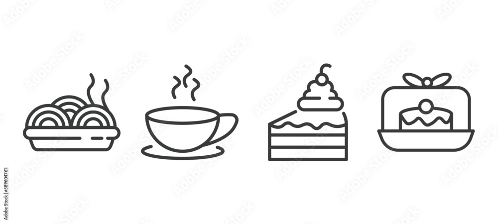 set of restaurant thin line icons. restaurant outline icons included plate of spaghetti, breakfast cup, cake piece with cream, cake box vector.