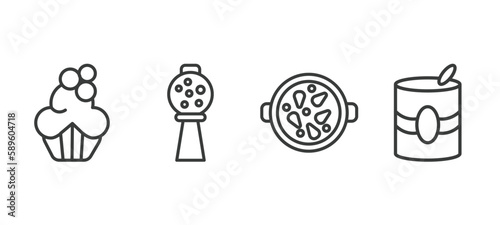 set of restaurant thin line icons. restaurant outline icons included cupcake with cream, candy balls, paella with parwns, mermelade tin vector.