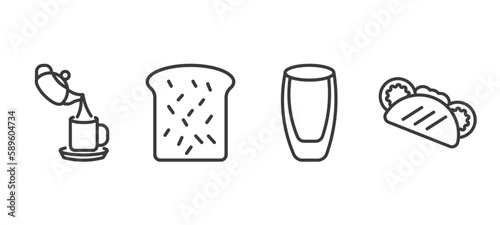 set of restaurant thin line icons. restaurant outline icons included pouring coffe, toasted bread, wide glass, pita bread vector.