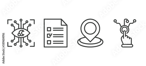 set of artificial intellegence thin line icons. artificial intellegence outline icons included eye tap, survey, geolocation, interactivity vector.