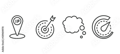 set of artificial intellegence thin line icons. artificial intellegence outline icons included ip, goals, thought, velocity vector.