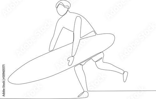 A man getting ready to put his surfboard on the beach. Surfing one-line drawing