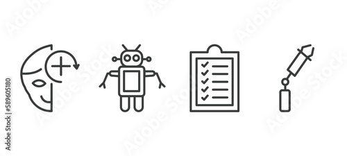 set of ai and future technology thin line icons. ai and future technology outline icons included deformity, robots, check list, bionic arm vector.