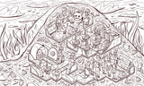 Line style illustration of a large anthill from the inside. It can be used as art, print, pattern, coloring book, etc.