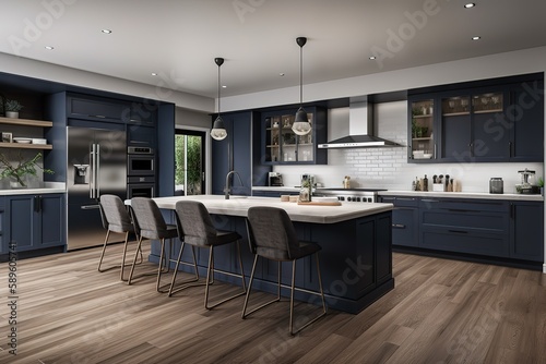 Modern kitchen interior in black colour | elegant contemporary kitchen room interior | Wood table top on kitchen room background | Modern kitchen interior design in a luxury house, Generative AI