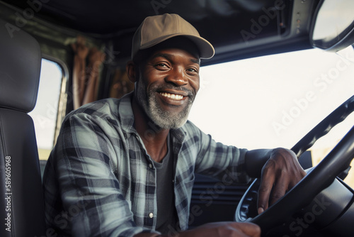Black male truck driver driving a truck. Generative AI photo