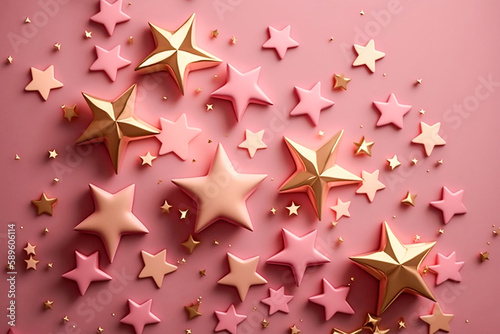 Golden and pink star shape different sizes confetti on the pink background. Generative AI