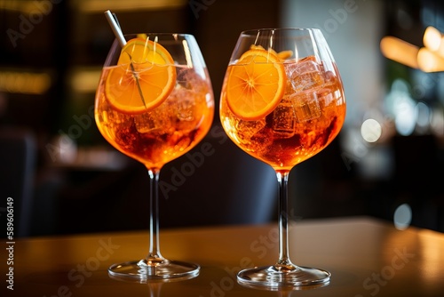 Composition with aperol spritz cocktail against black background, ai generated, Generative AI