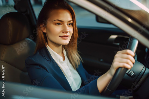 Attractive smiling businesswoman driving car. Generative AI