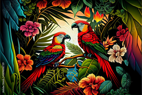 Pattern of tropical leaves in bright and rich colors. Parrots among the leaves. © serperm73