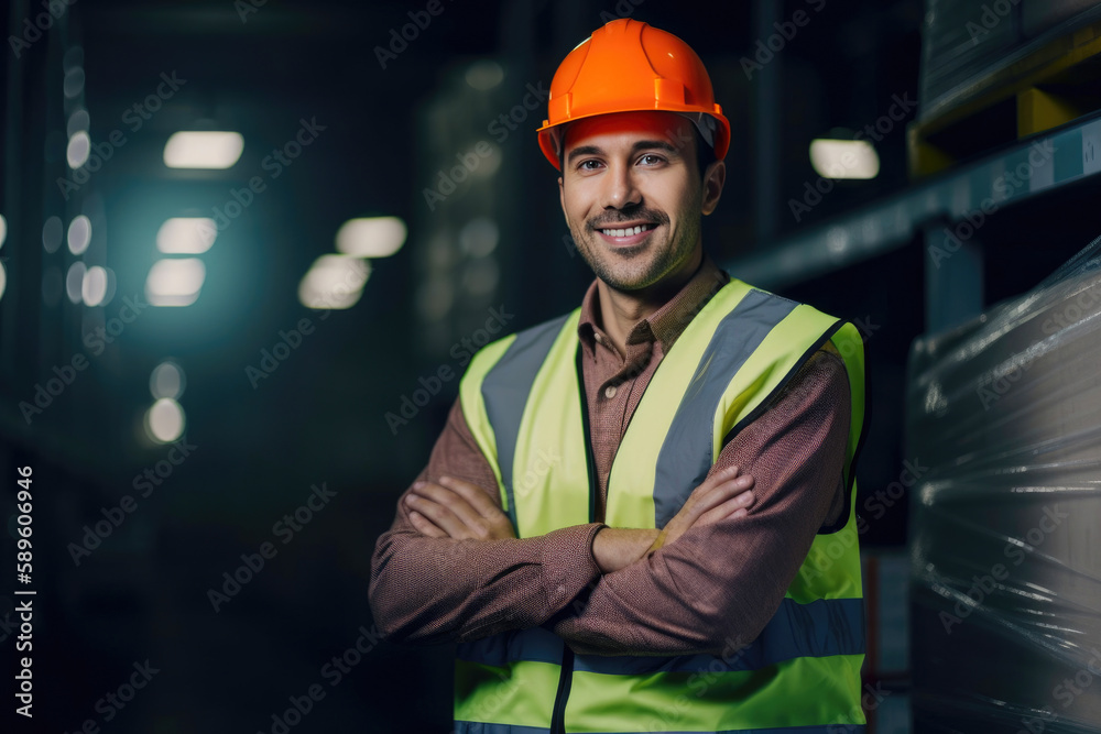 Male Worker In Protective Workwear At Warehouse. Generative AI Male Worker In Protective Workwear At Warehouse. Generative AI