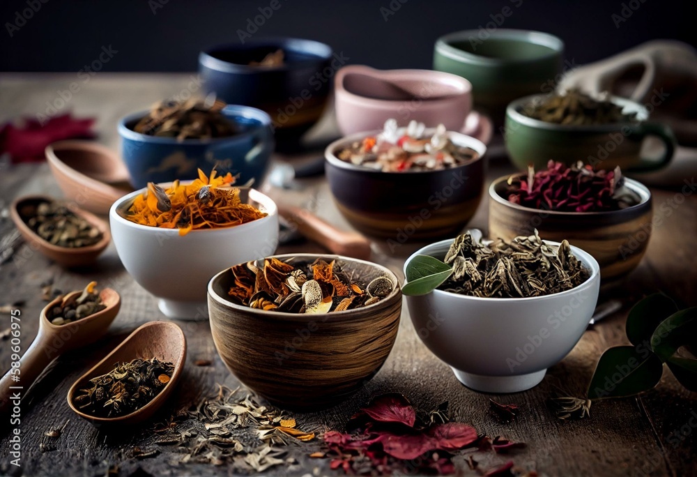 Different kinds of dry herbal tea in bowls on white wooden table. Generative AI Different kinds of dry herbal tea in bowls on white wooden table. Generative AI