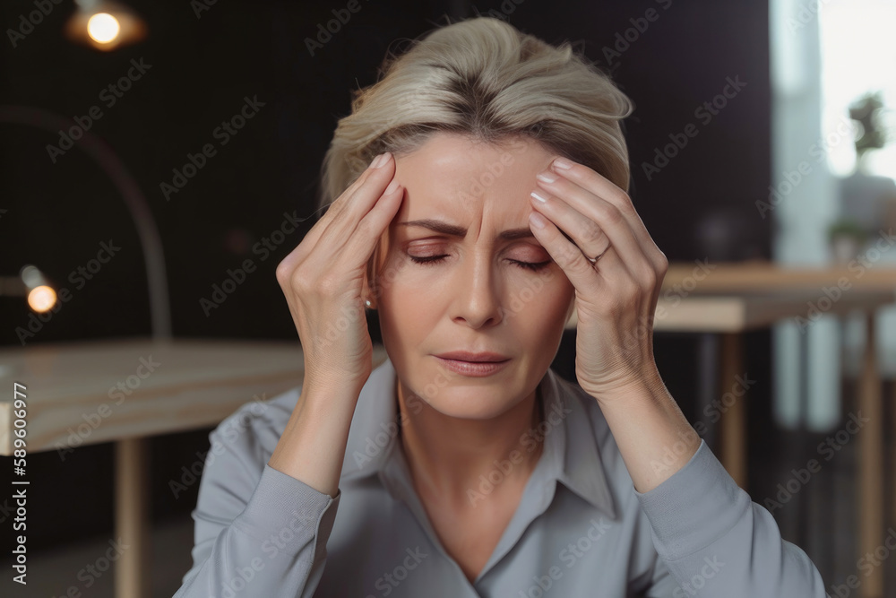 Stressed business woman with closed eyes having headache while sitting indoors office. Generative AI Stressed business woman with closed eyes having headache while sitting indoors office. Generative AI