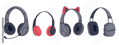 Wireless headphones. Music listening audio equipment, electronic music devices flat cartoon vector Illustration set